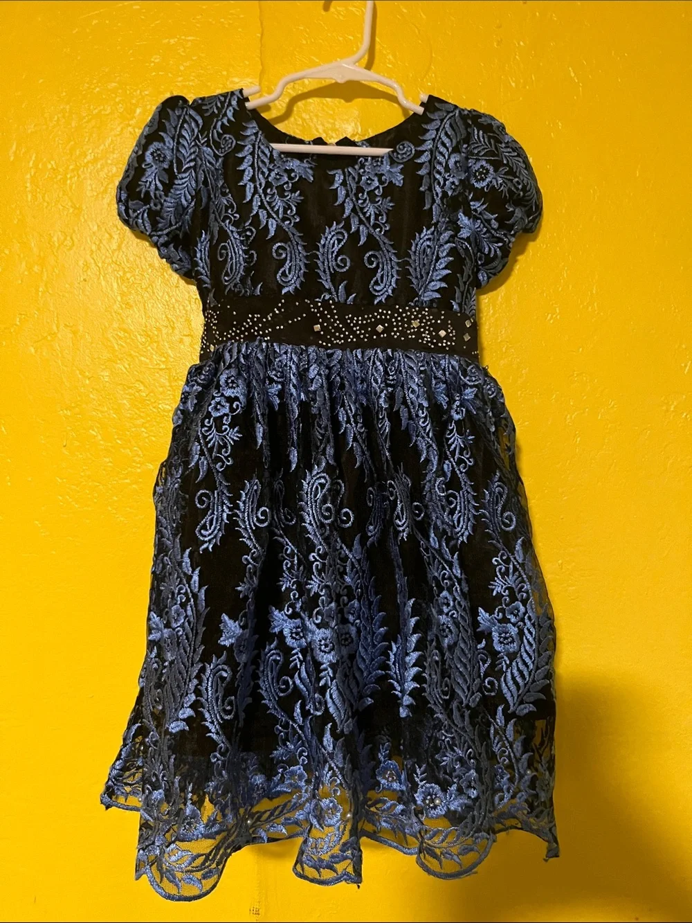 Elegant Black Dress with Blue Floral Lace Embroidery - Girls Formal Dress
